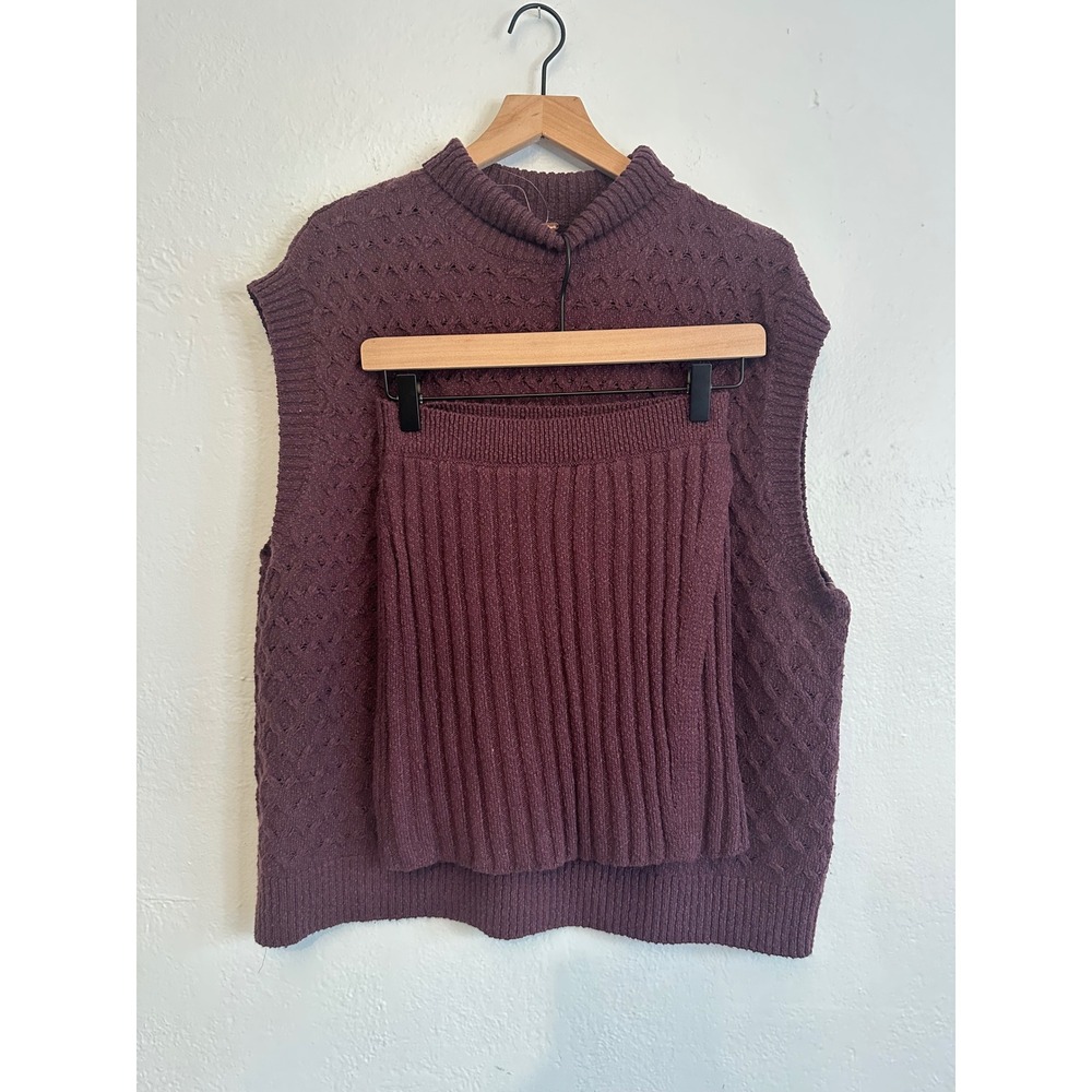 Free People XS Plum Burgundy Diamond Cable Knit Vest and Ribbed Mini Skirt Set